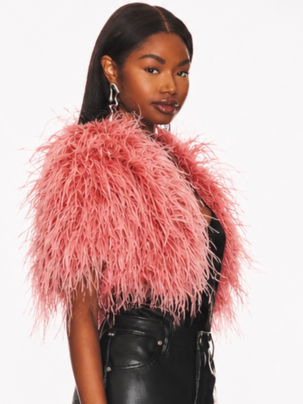 Adrienne Landau Ostrich Feather Coral Pink Button Front Capelet Cover Up Jacket - Picture 2 of 10